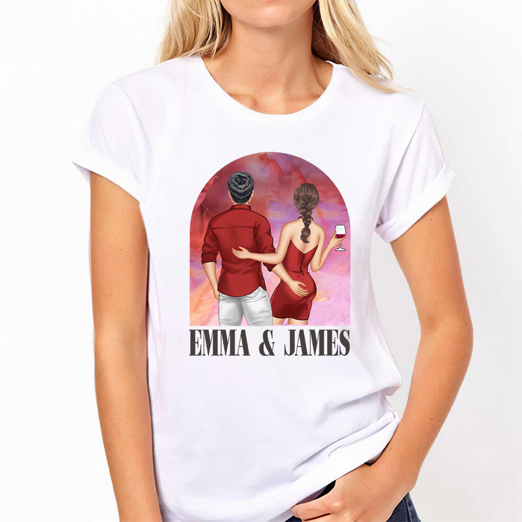 Pink Movie Background Couple - Personalized Couple T-shirt And Hoodie
