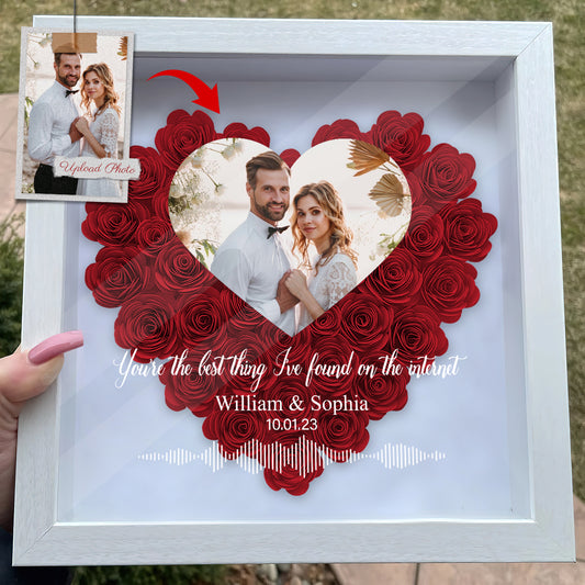 Custom Photo, Names, Date, Message And Soundwave - Personalized Couple Flower Shadow Box