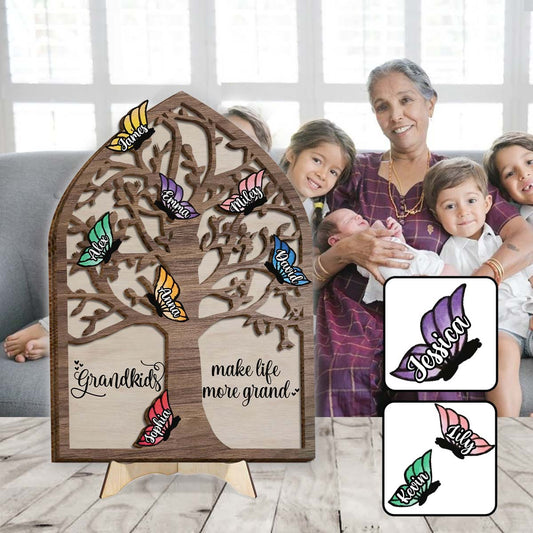 Les petits-enfants rendent la vie plus belle - Plaque en bois personnalisée « Papillons » (2 couches) pour grand-mère