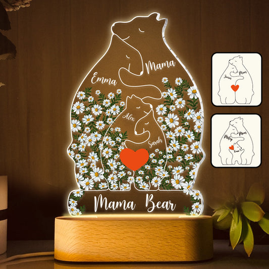 Floral Mama Bear And Cubs Hugging - Personalized Mother Shaped Plaque Light Base