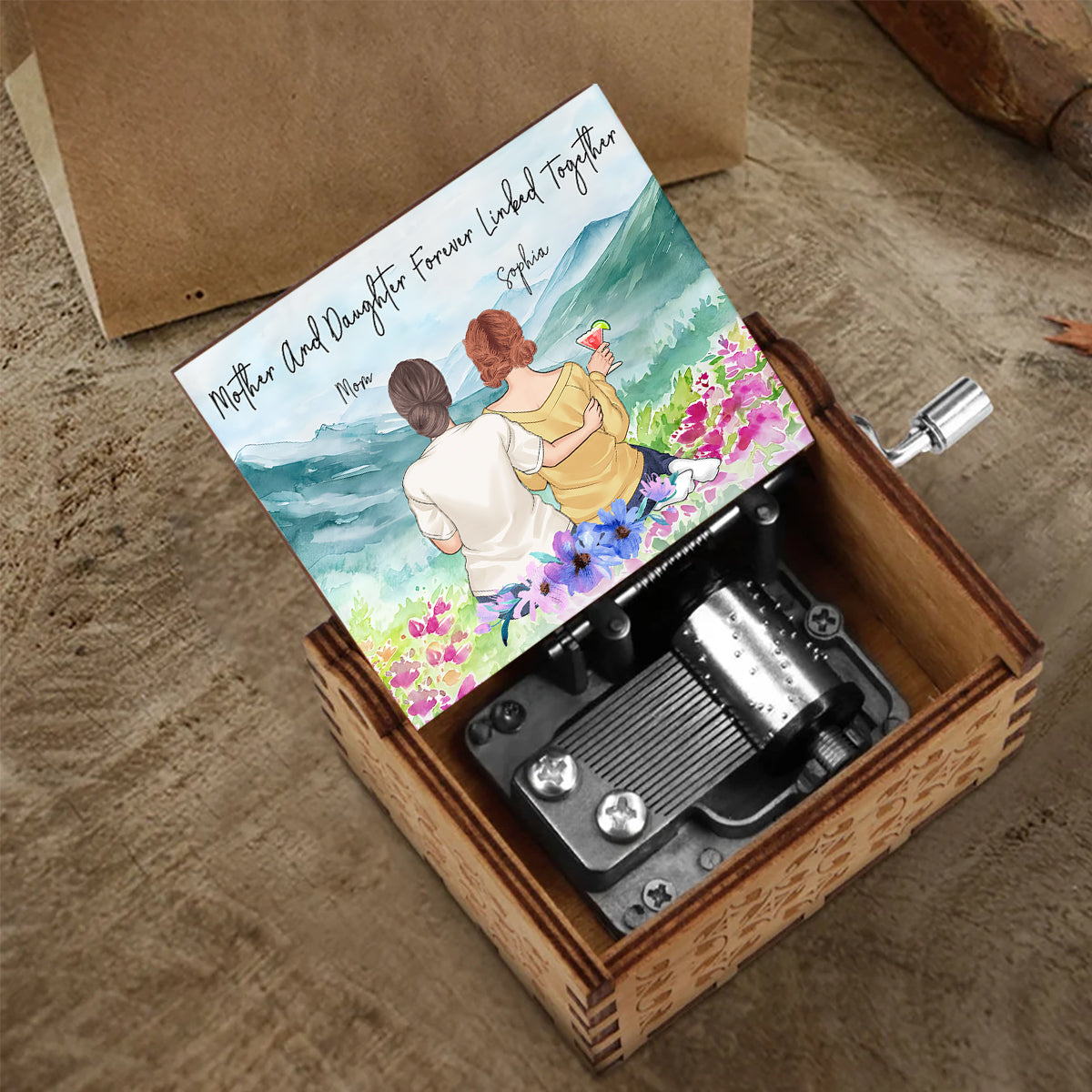 Mother And Daughter Forever Linked Together Watercolor Landscape - Personalized Mother Hand Crank Music Box