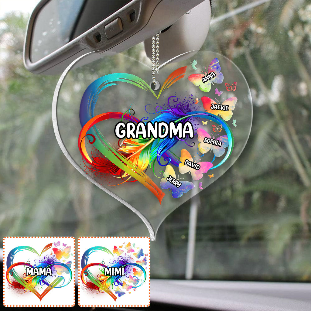 Grandma Colorful Heart Infinite Feather Butterfly - Personalized Grandma Transparent Car Ornament