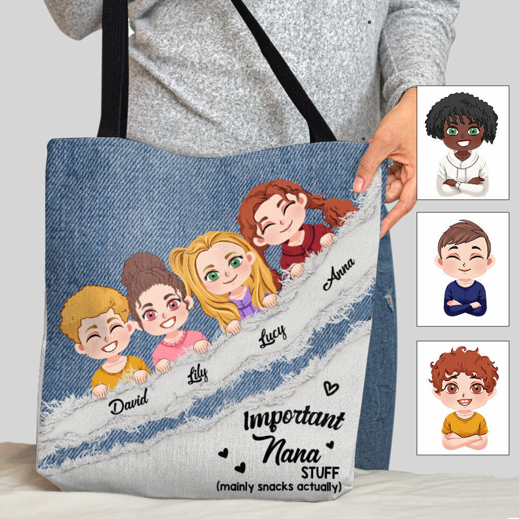 Important Nana Stuff Denim Pattern - Personalized Grandma Tote Bag