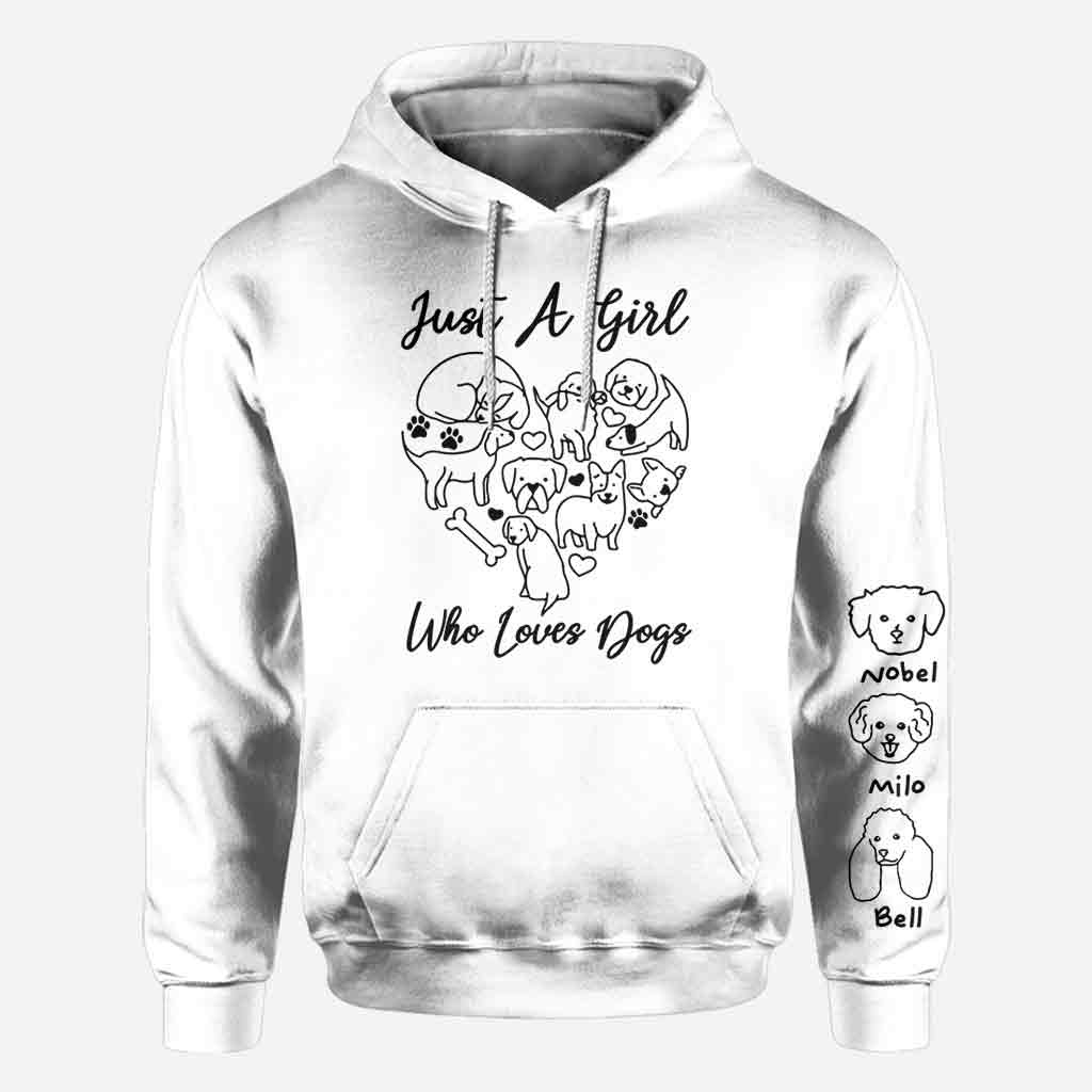 T-shirt personnalisé « Juste une fille qui aime les chiens » avec un motif de chien sur toute la surface