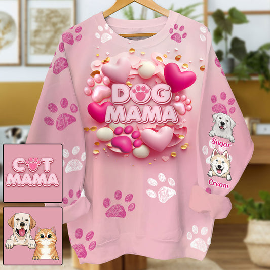 Hund, Katze, Mama, Fellmama, 3D-Herz in Rosa – personalisiertes T-Shirt mit Hundemotiv