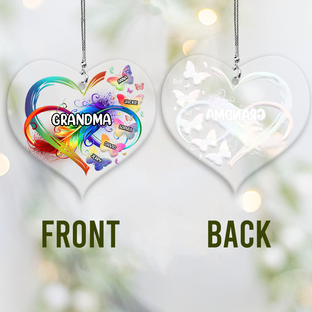 Grandma Colorful Heart Infinite Feather Butterfly - Personalized Grandma Transparent Car Ornament