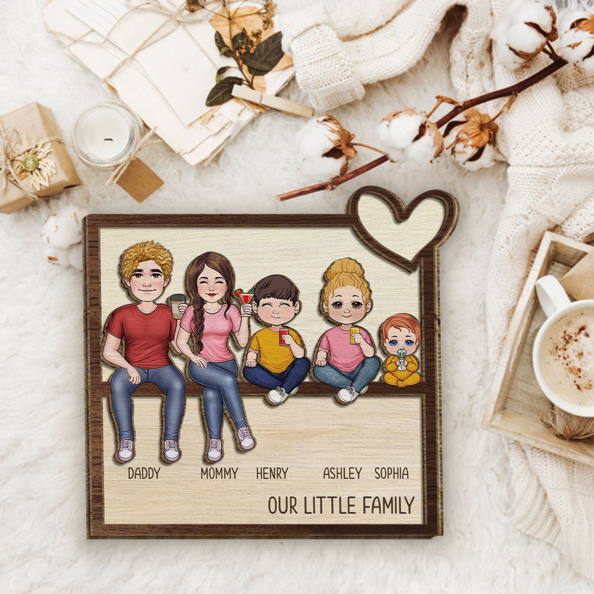 Unsere kleine Familie – Personalisiertes zweilagiges Holzschild / Holzplakette