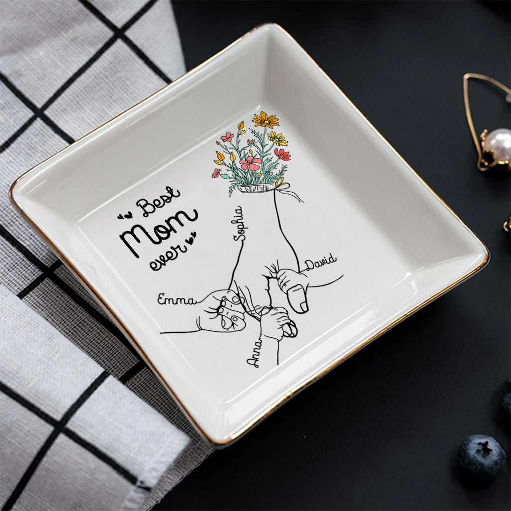 Mom And Children Hands Line Art - Personalized Mother Jewelry Dish