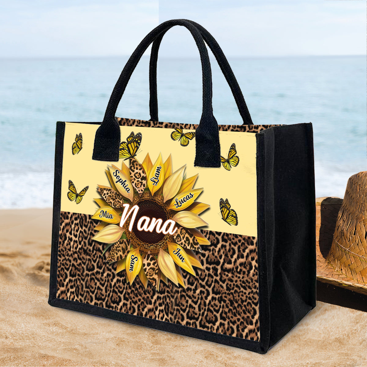 Nana Mom Auntie Family Sunflower Butterflies - Personalized Grandma Canvas Tote Bag