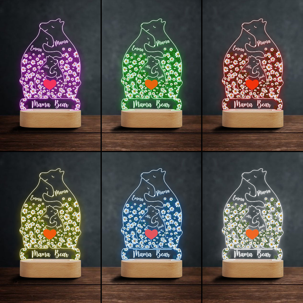 Floral Mama Bear And Cubs Hugging - Personalized Mother Shaped Plaque Light Base