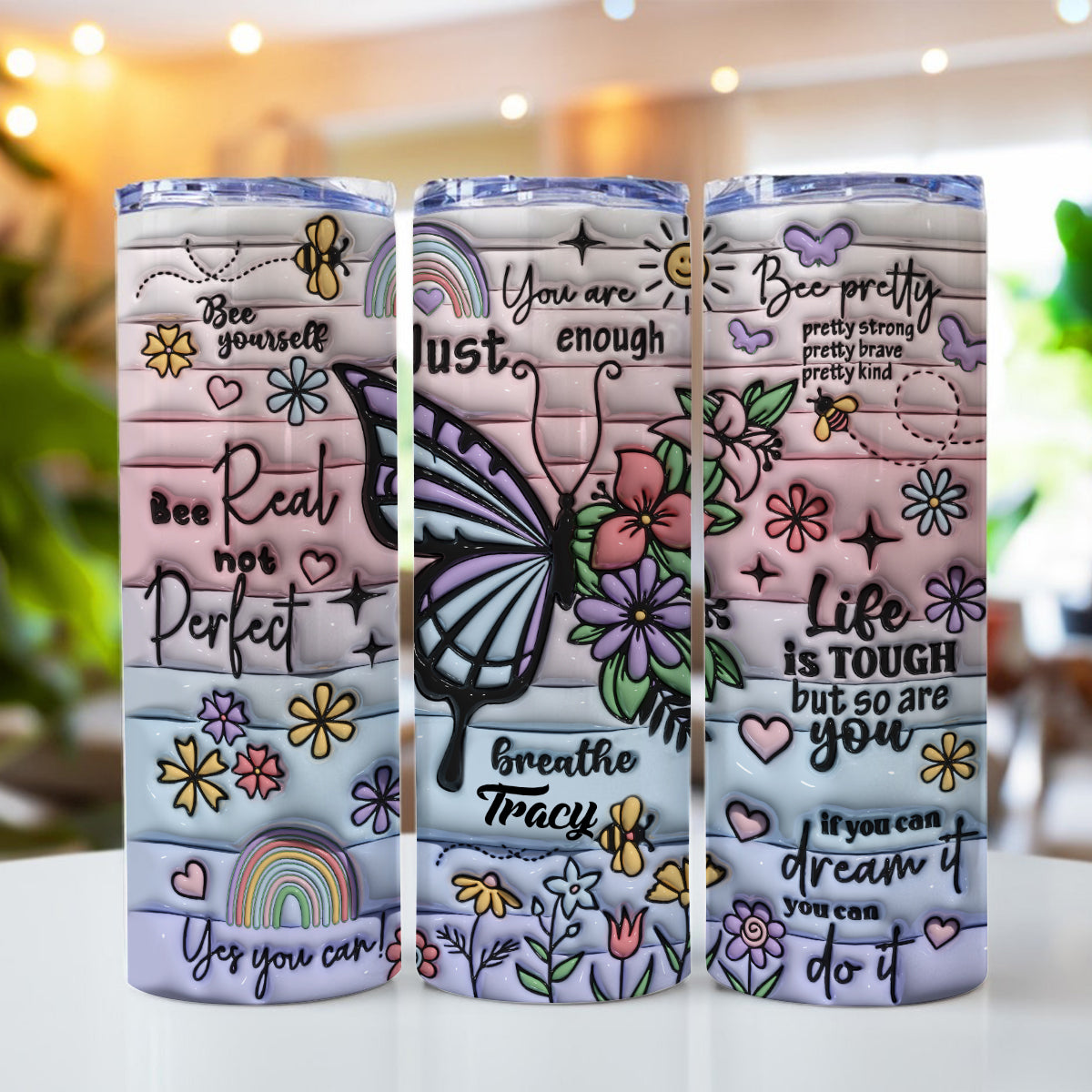 Schmetterlinge mit positiven Affirmationen – personalisierter schlanker Becher