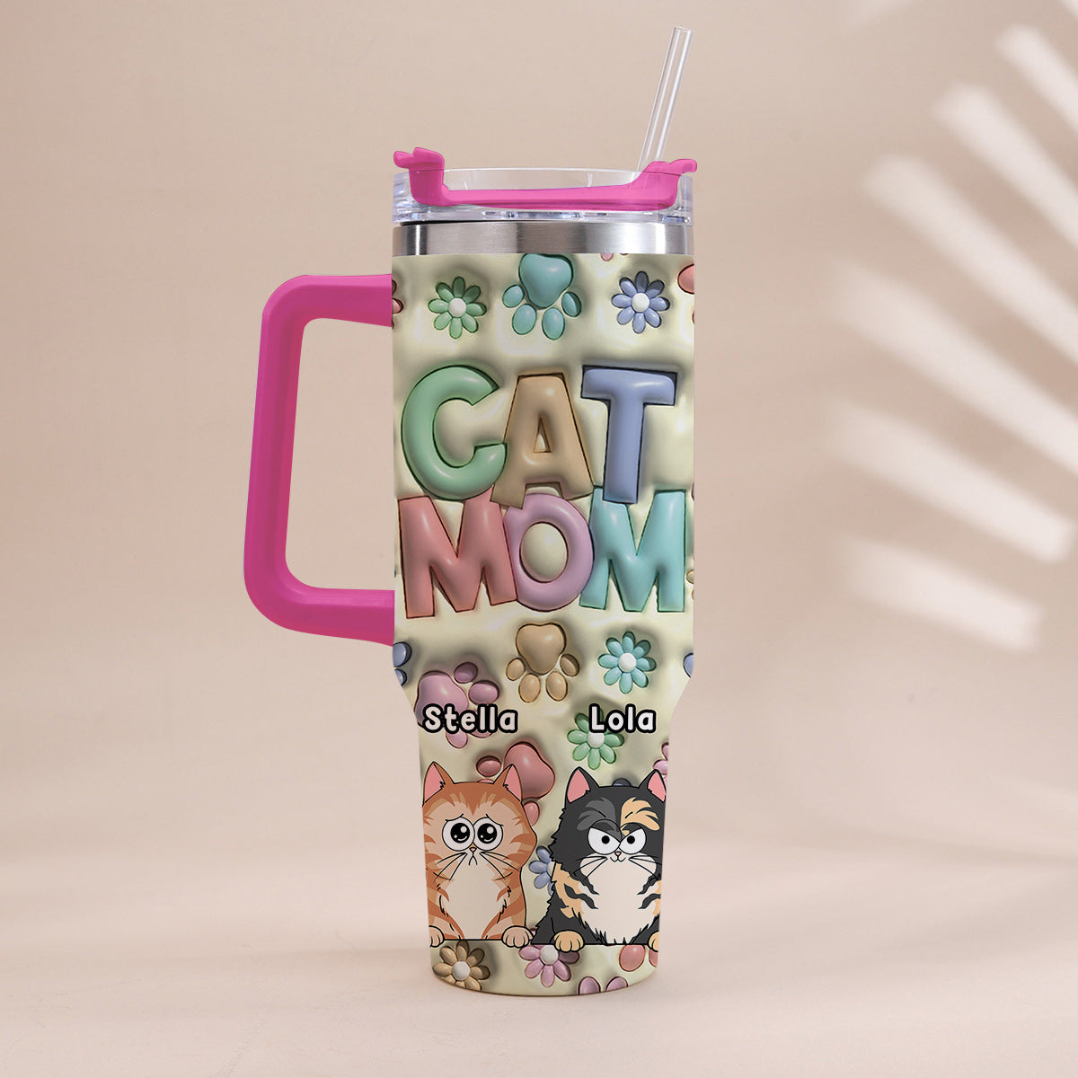 Gobelet gonflable personnalisé pour chien avec poignée, motif pattes et fleurs, pour maman/papa d'animal de compagnie