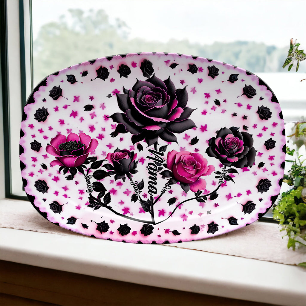 Mother Grandma And Children Black And Pink Roses - Personalized Grandma Plate