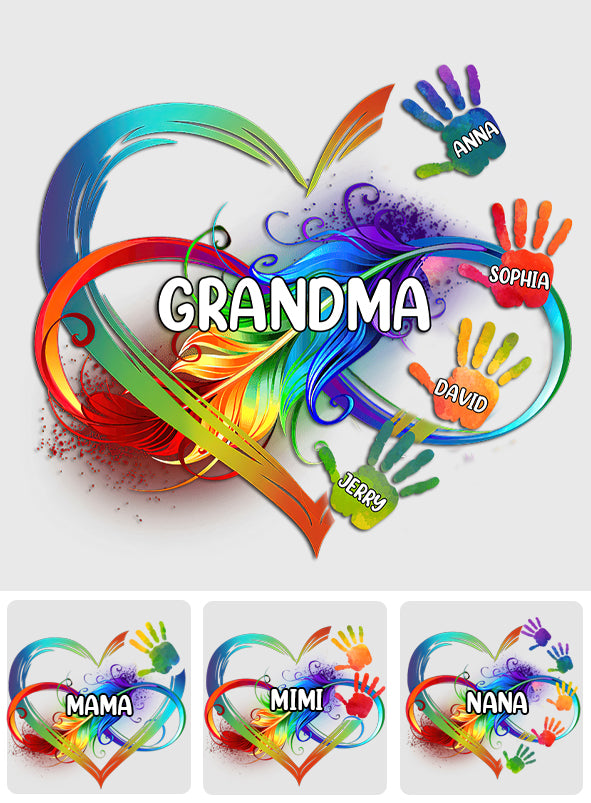 Grandma Colorful Heart Infinite Feather Hands - Personalized Grandma Decal Die Cut