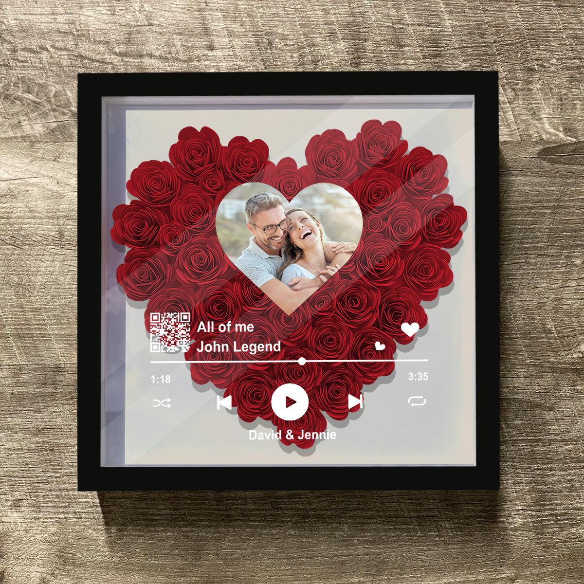 Custom Photo Scannable QR Code Favorite Song - Personalized Couple Flower Shadow Box