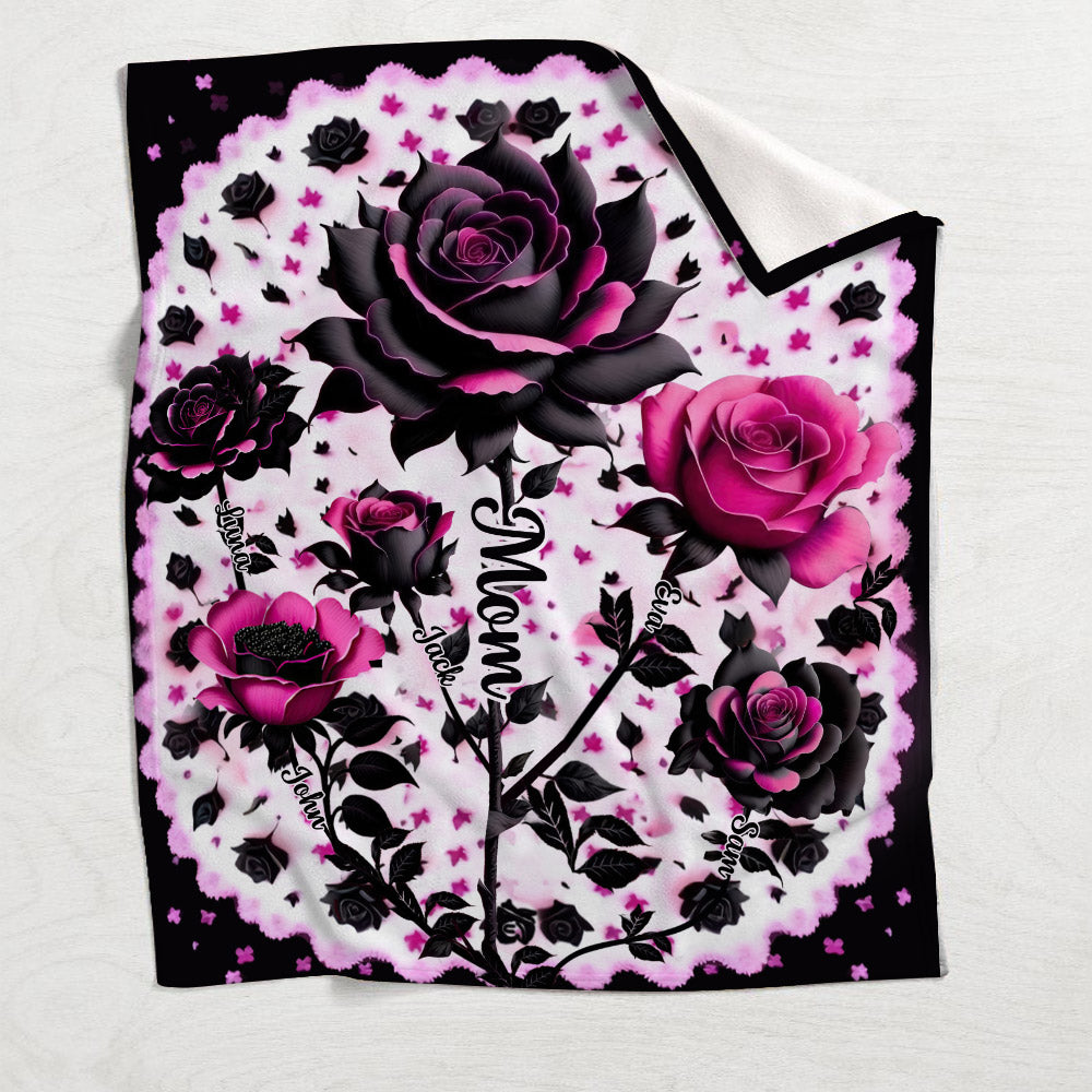 Mother Grandma And Children Black And Pink Roses - Personalized Mother Blanket