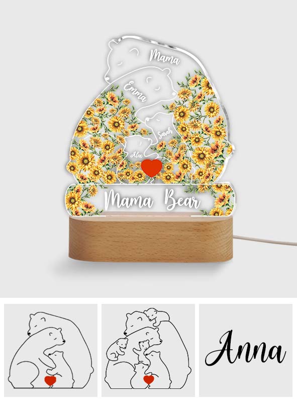 Mama Bear Sunflower - Personalized Mother Shaped Plaque Light Base