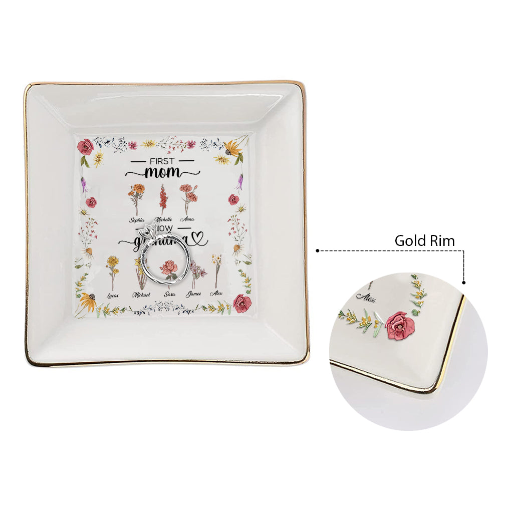 First Mom Now Grandma Birth Flower - Personalized Grandma Jewelry Dish
