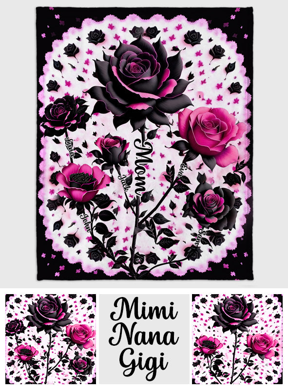 Mother Grandma And Children Black And Pink Roses - Personalized Mother Blanket