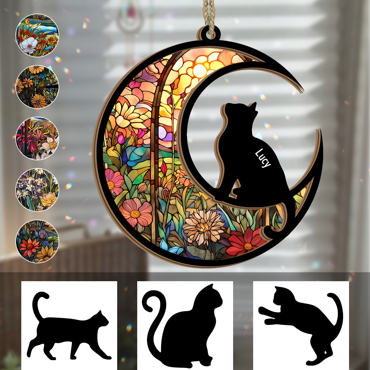 Katzen-Silhouette im Buntglas-Design – Personalisierter Katzen-Sonnenfänger