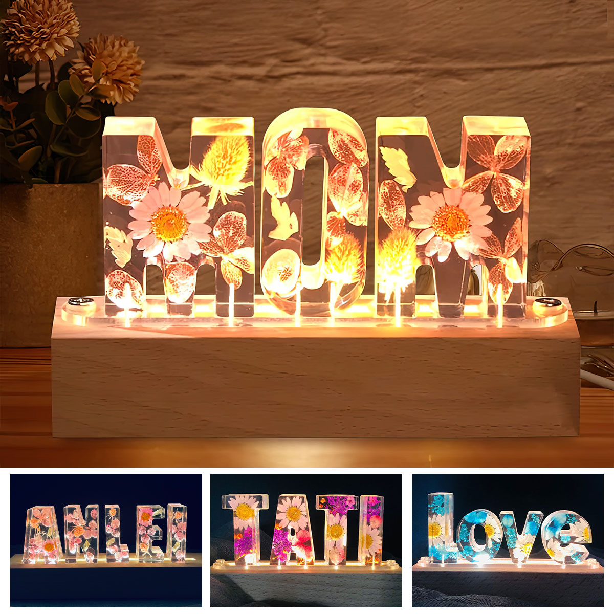 Mom Floral Resin Lamp - Personalized Mother Custom Name Lamp