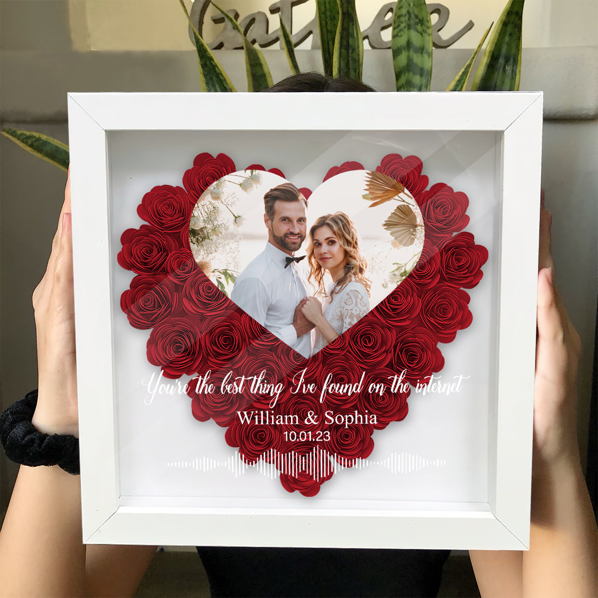 Custom Photo, Names, Date, Message And Soundwave - Personalized Couple Flower Shadow Box