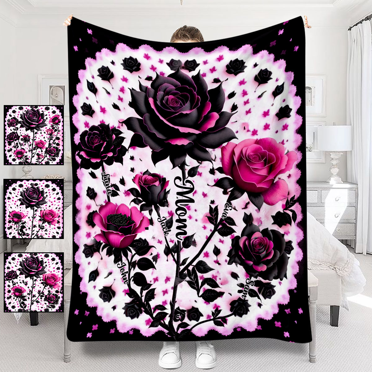 Mother Grandma And Children Black And Pink Roses - Personalized Mother Blanket