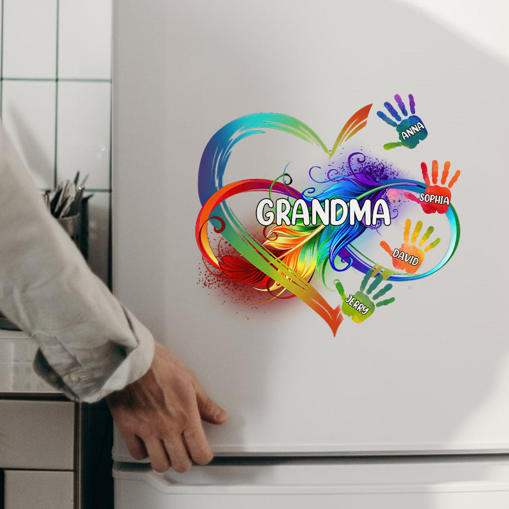 Grandma Colorful Heart Infinite Feather Hands - Personalized Grandma Decal Die Cut