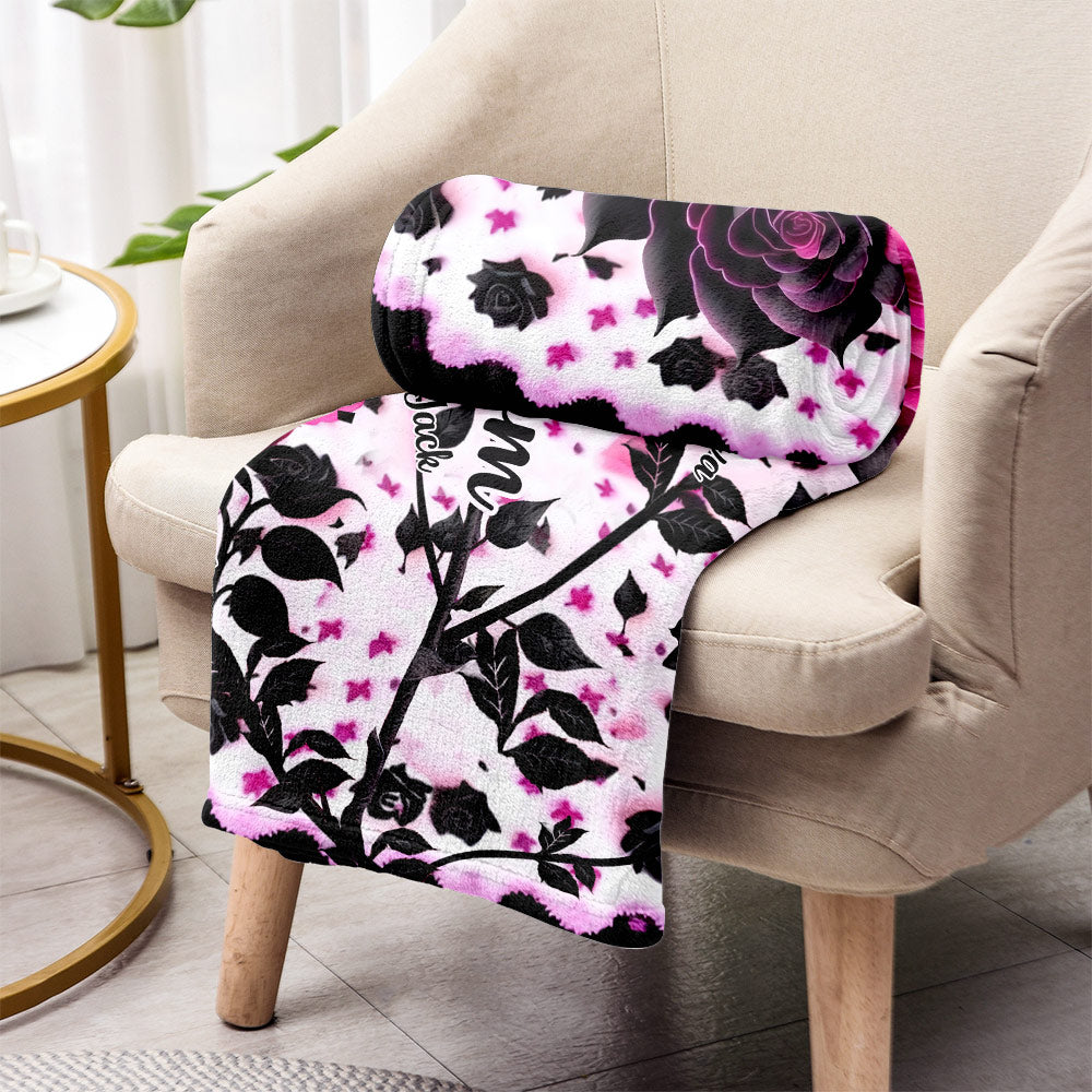Mother Grandma And Children Black And Pink Roses - Personalized Mother Blanket