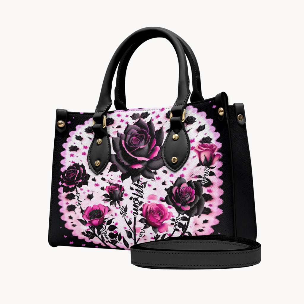 Mother Grandma And Children Black And Pink Roses - Personalized Mother Leather Handbag