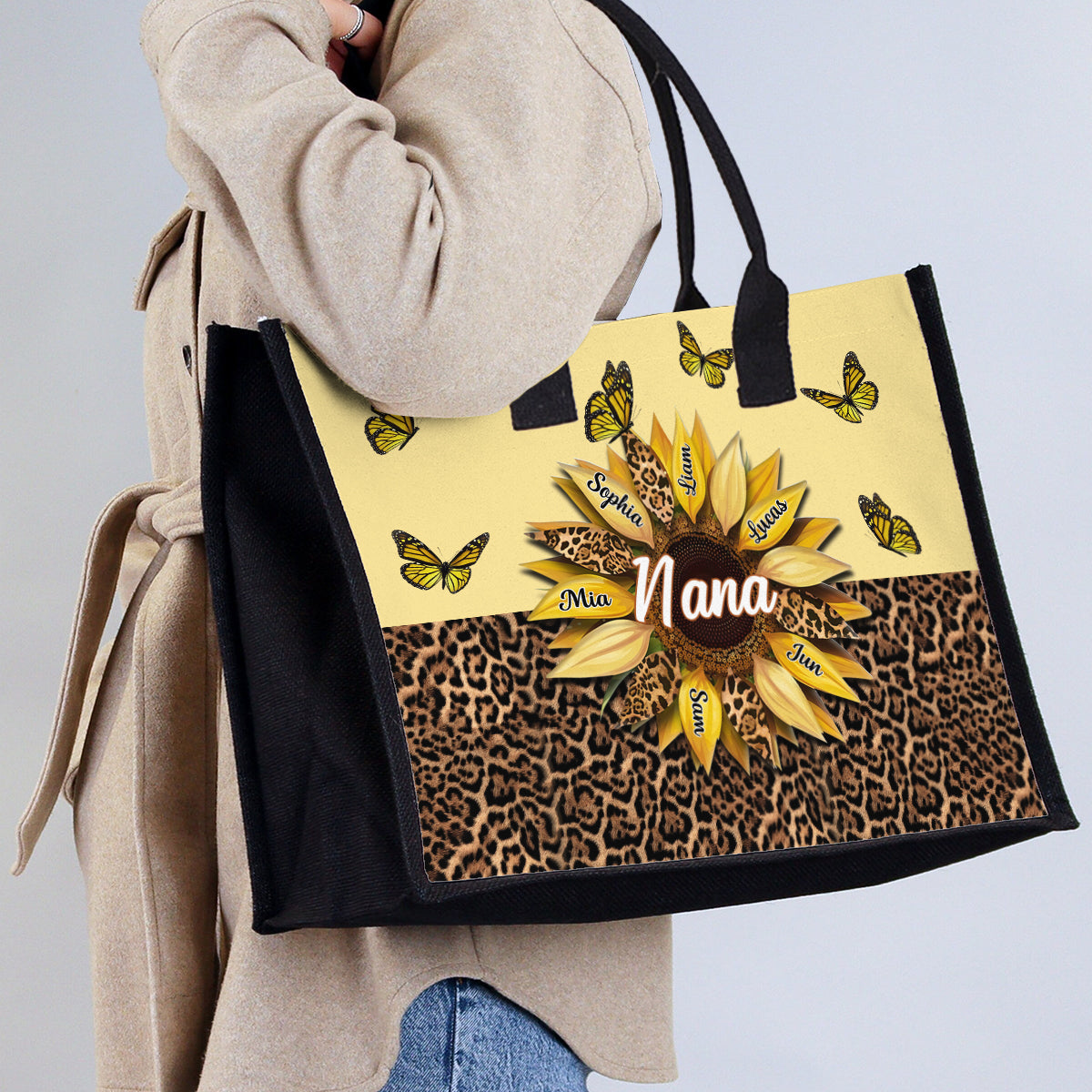 Nana Mom Auntie Family Sunflower Butterflies - Personalized Grandma Canvas Tote Bag