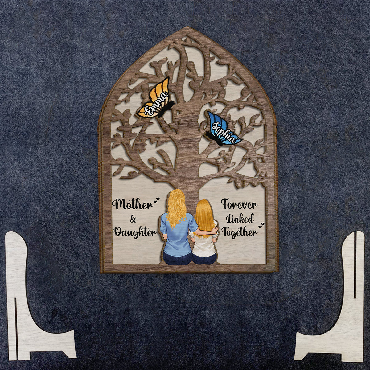 Mother And Daughter And Son Forever Linked Together Butterflies - Personalized Mother 2 Layered Wood Sign / Wood Plaque