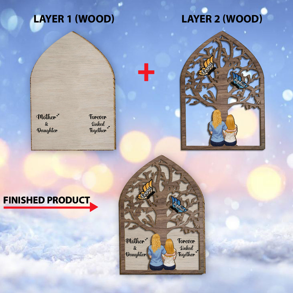 Mother And Daughter And Son Forever Linked Together Butterflies - Personalized Mother 2 Layered Wood Sign / Wood Plaque