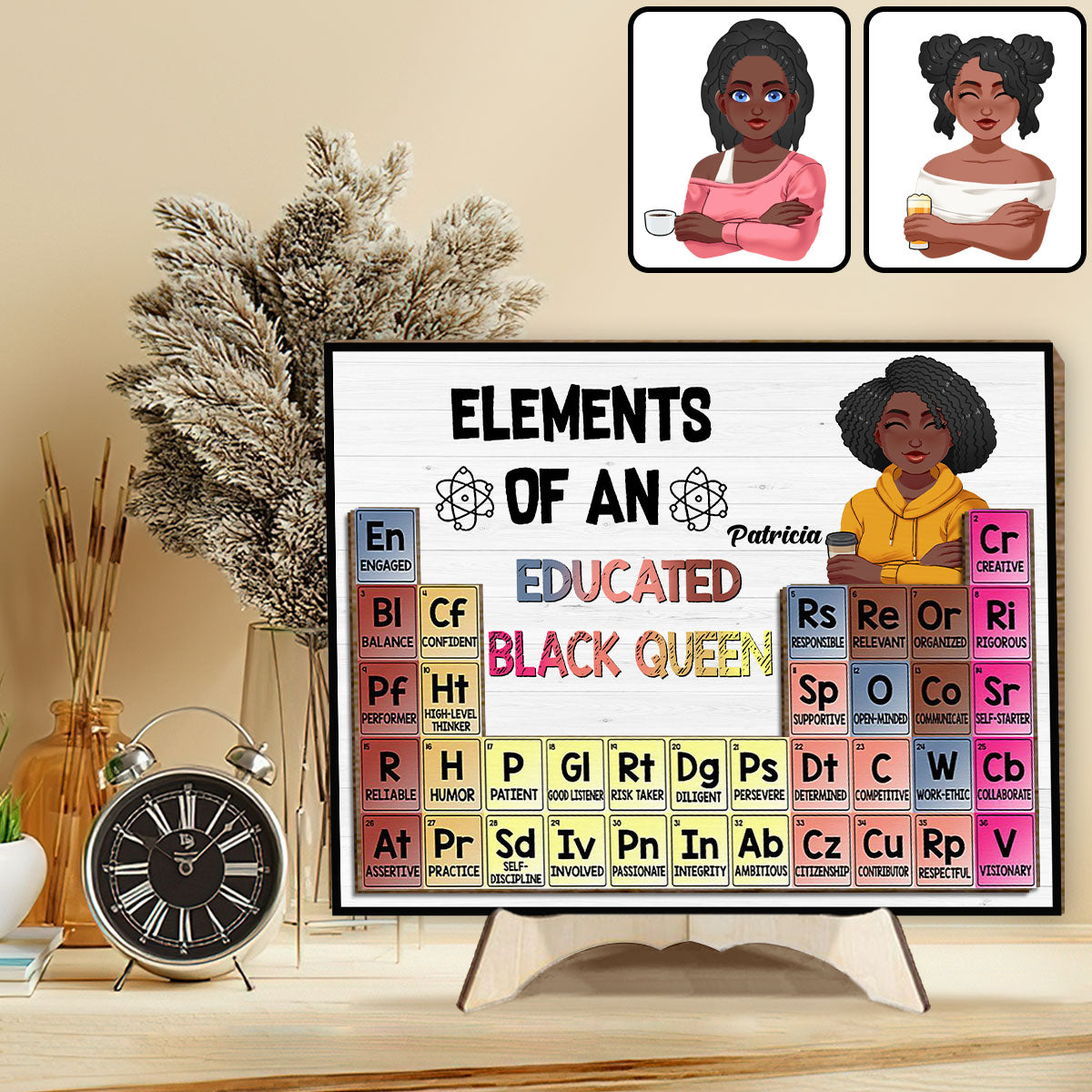 Éléments d'une reine noire instruite - Plaque en bois personnalisée afro-américaine à 2 couches