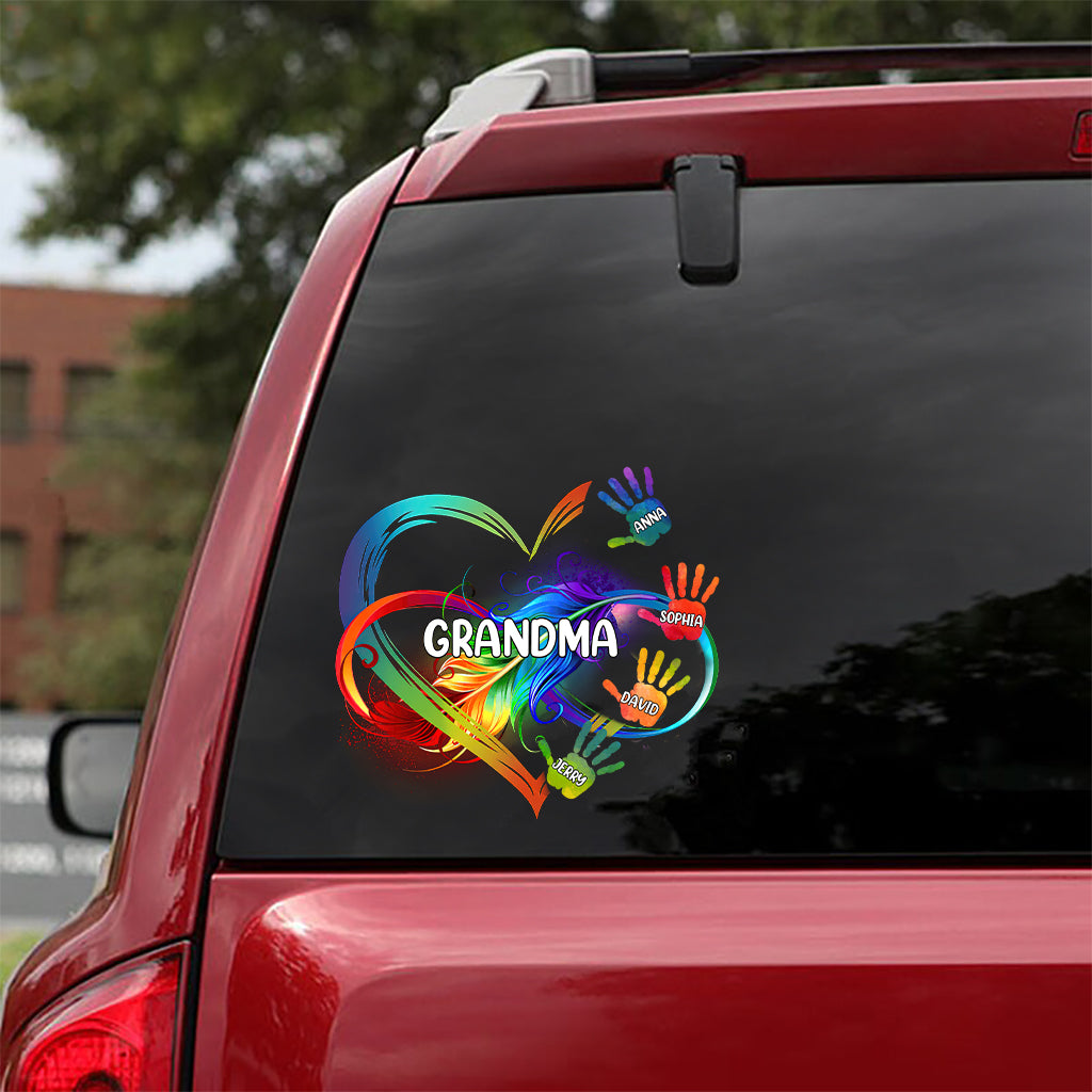 Grandma Colorful Heart Infinite Feather Hands - Personalized Grandma Decal Die Cut