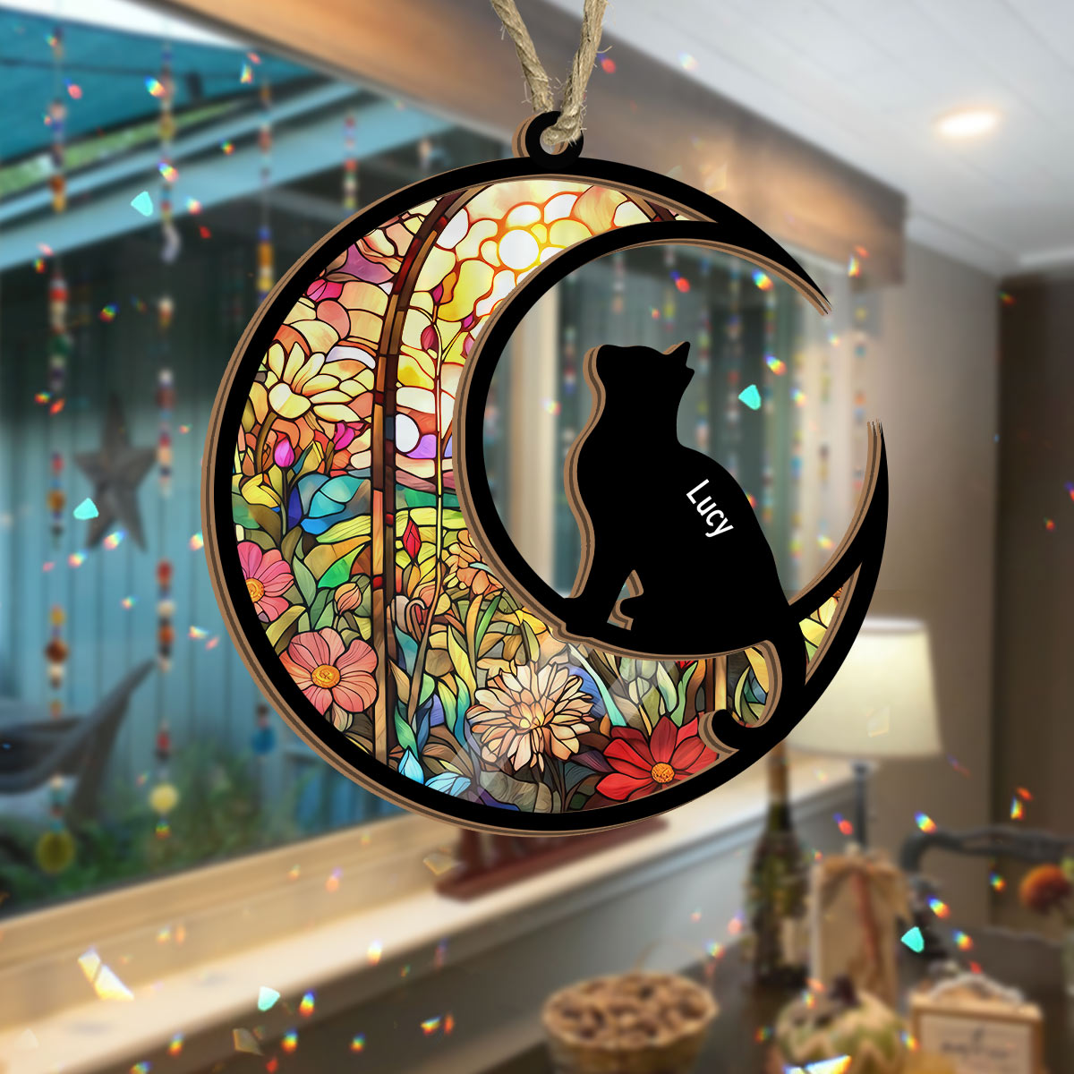 Katzen-Silhouette im Buntglas-Design – Personalisierter Katzen-Sonnenfänger