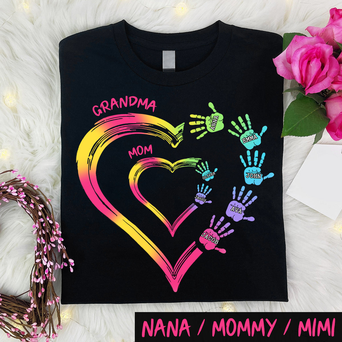 Any Title Of Mother And Grandma Double Heart Colorful - Personalized Grandma T-shirt And Hoodie